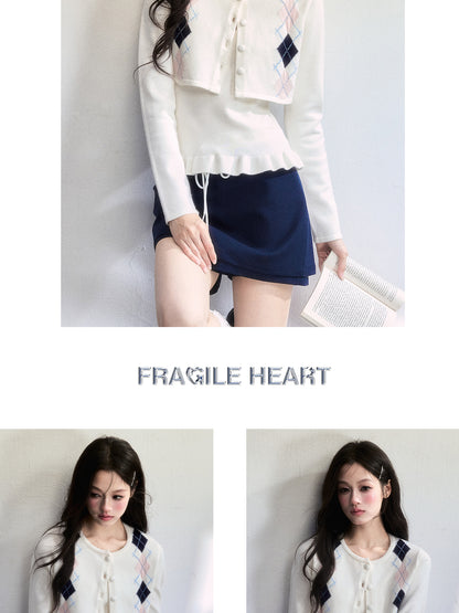 Cropped Slim Fit Argyle Cardigan Set With Camisole