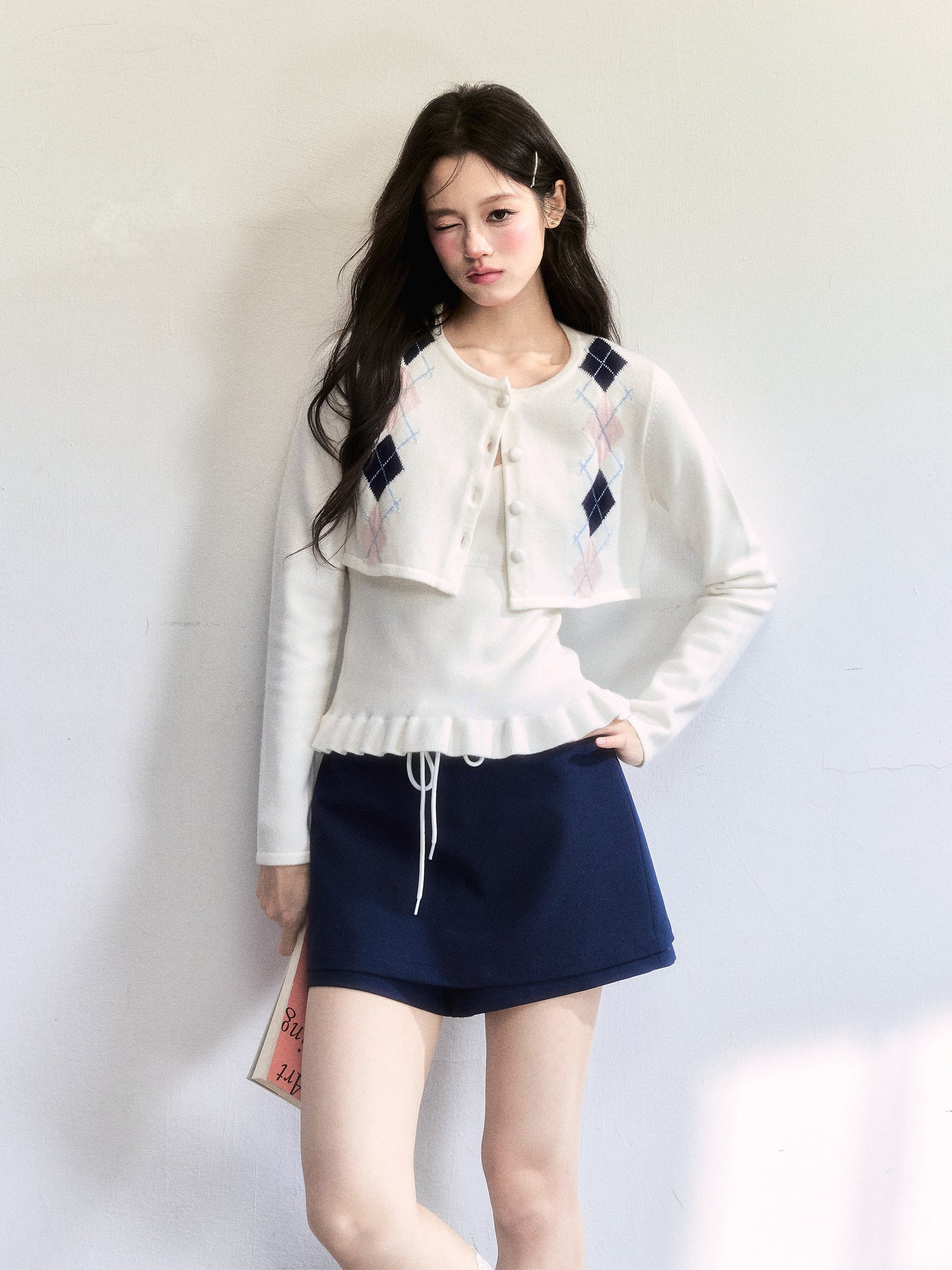 Cropped Slim Fit Argyle Cardigan Set With Camisole