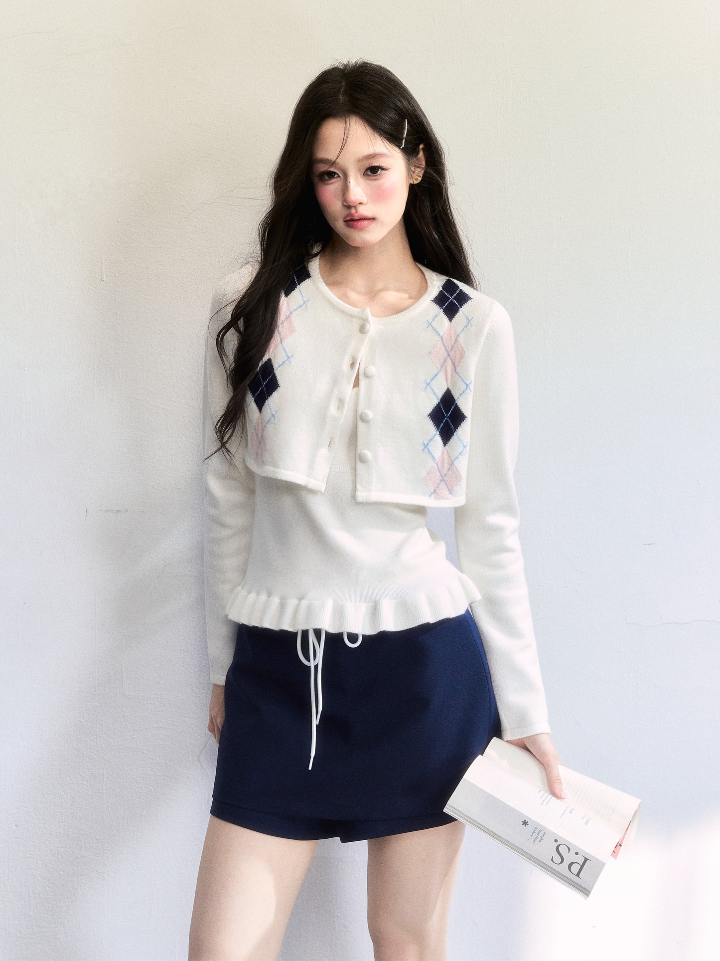 Cropped Slim Fit Argyle Cardigan Set With Camisole