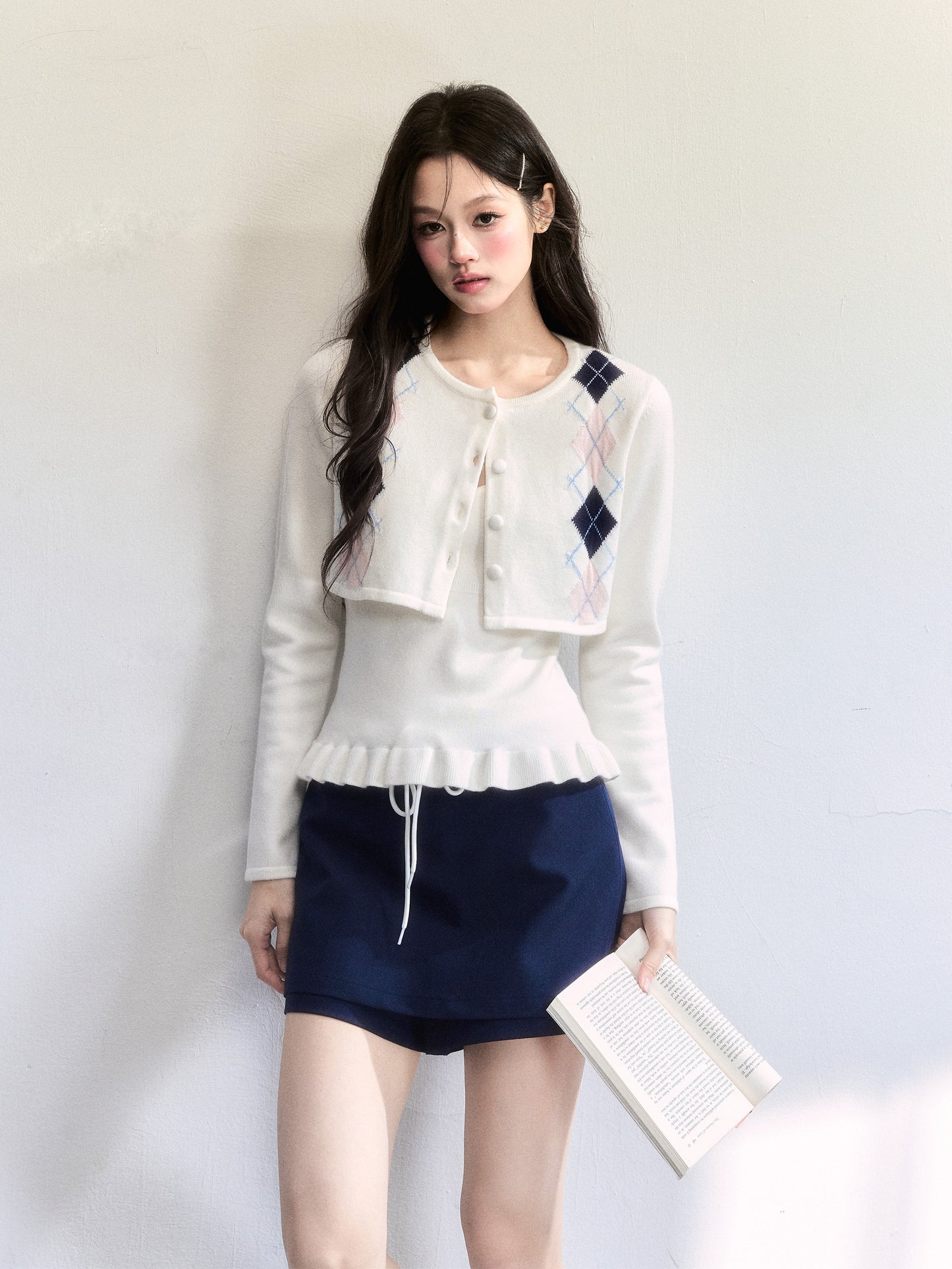 Cropped Slim Fit Argyle Cardigan Set With Camisole