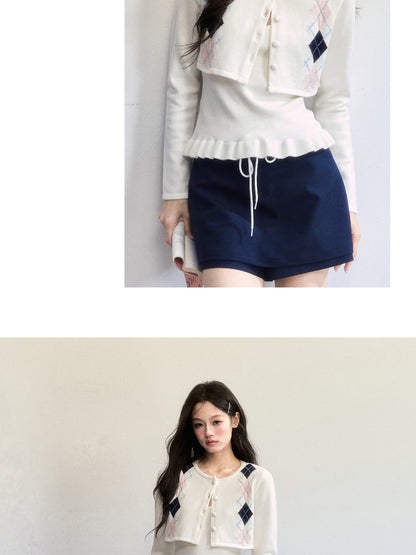 Cropped Slim Fit Argyle Cardigan Set With Camisole