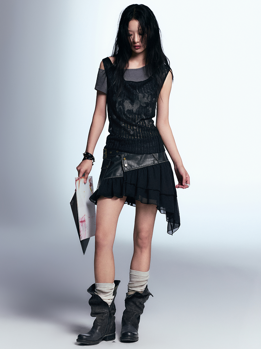 Asymmetric Ruffled Skirt With Faux Leather Detail