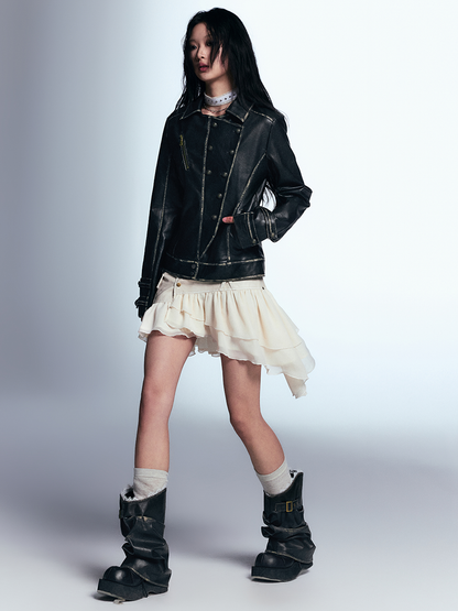 Asymmetric Ruffled Skirt With Faux Leather Detail