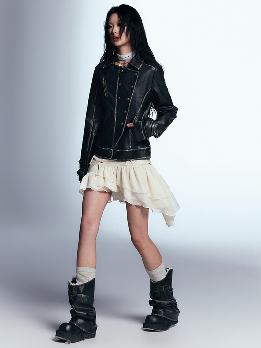 Asymmetric Ruffled Skirt With Faux Leather Detail