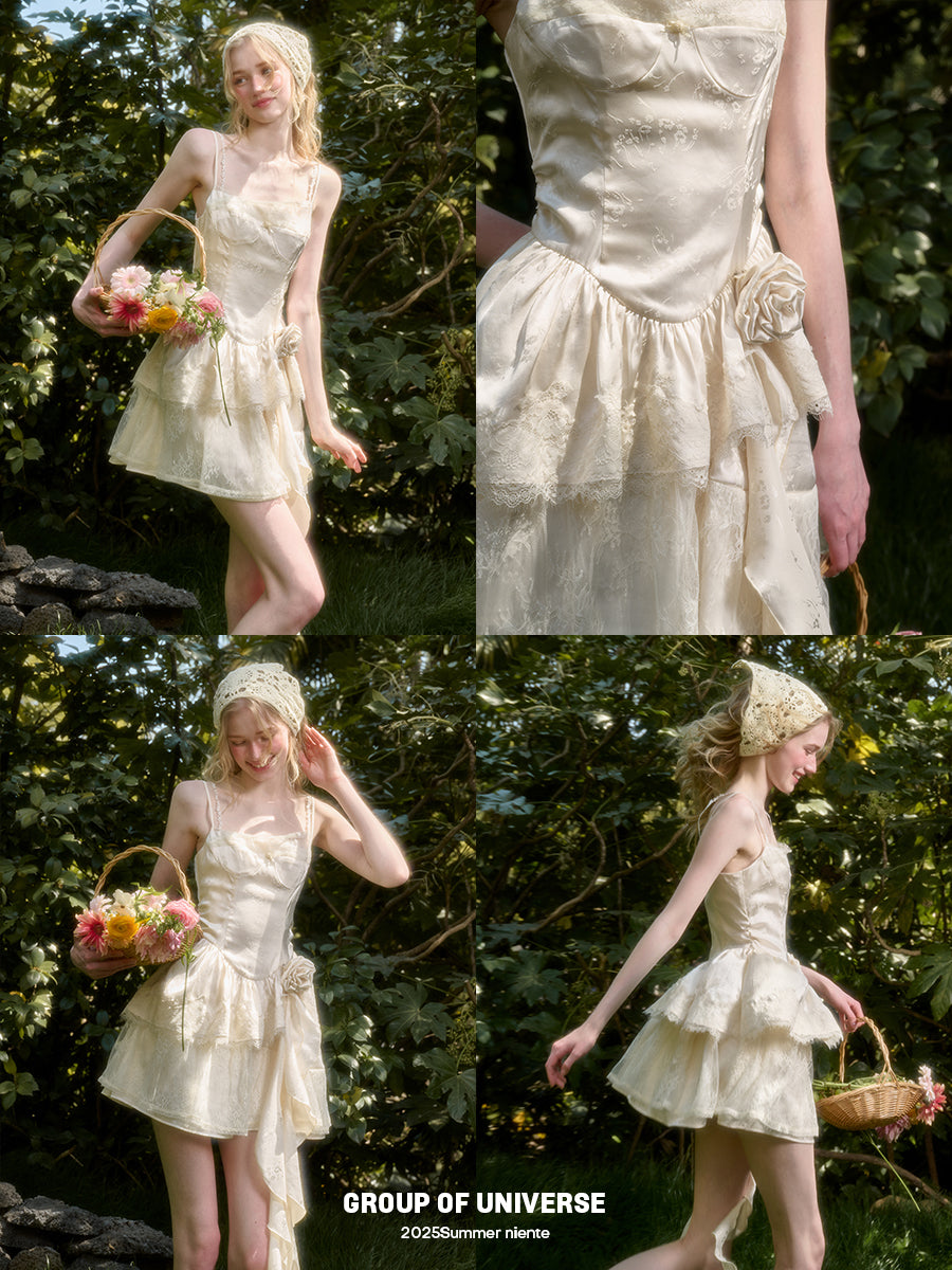 Rose Detail Double Strap Satin Dress
