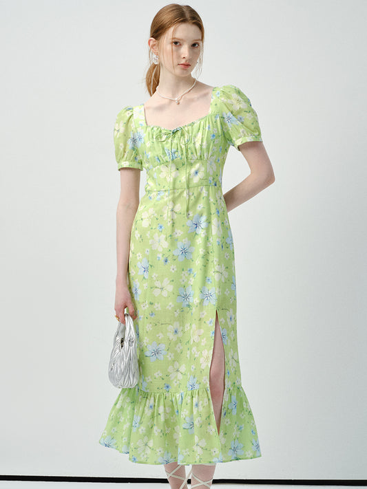 Floral Puff-Sleeve Dress With Side Slit