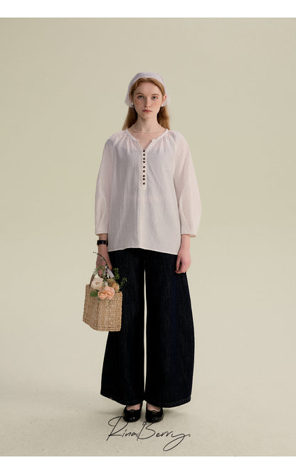 3/4 Sleeve Gauze Blouse With Pleated Cuffs