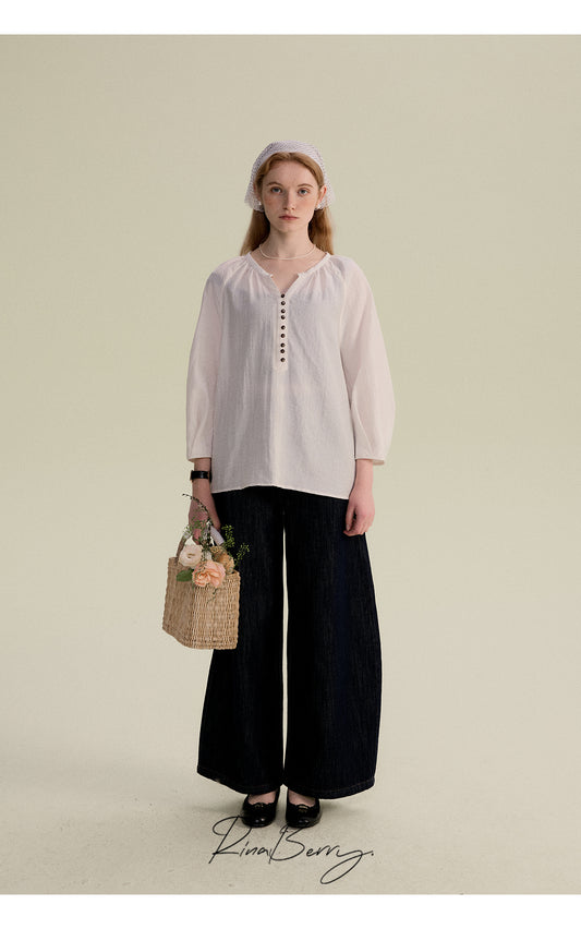 3/4 Sleeve Gauze Blouse With Pleated Cuffs