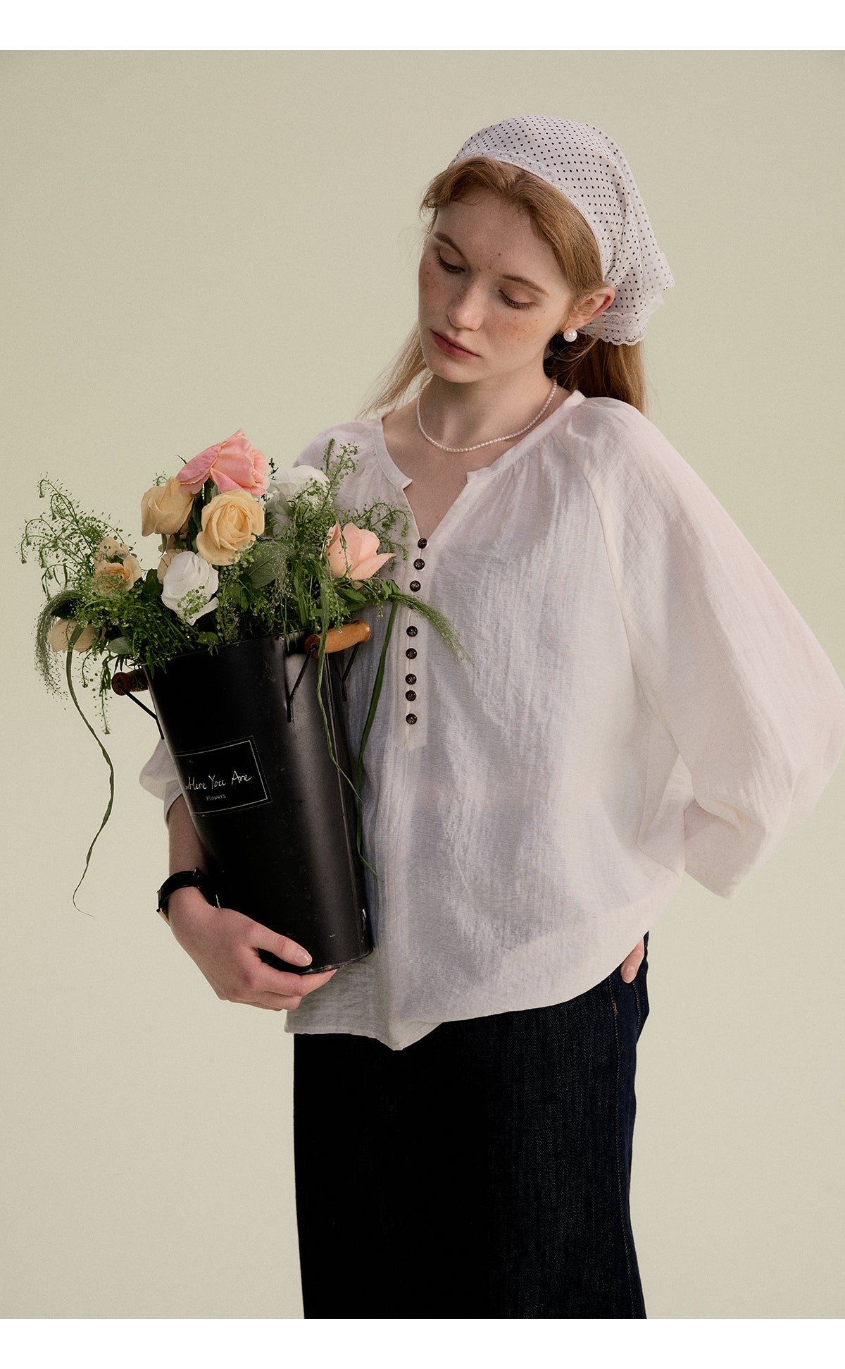 3/4 Sleeve Gauze Blouse With Pleated Cuffs