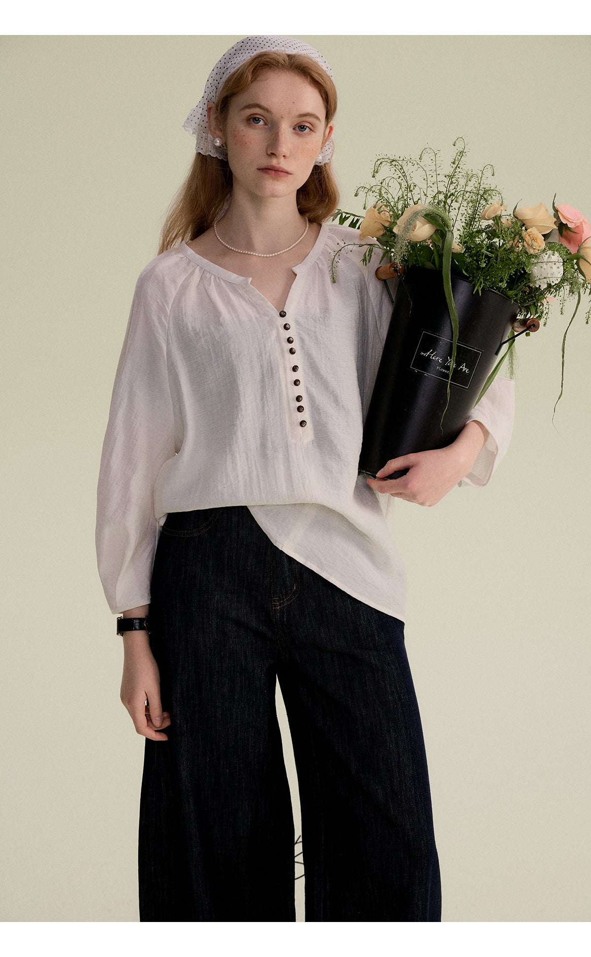 3/4 Sleeve Gauze Blouse With Pleated Cuffs