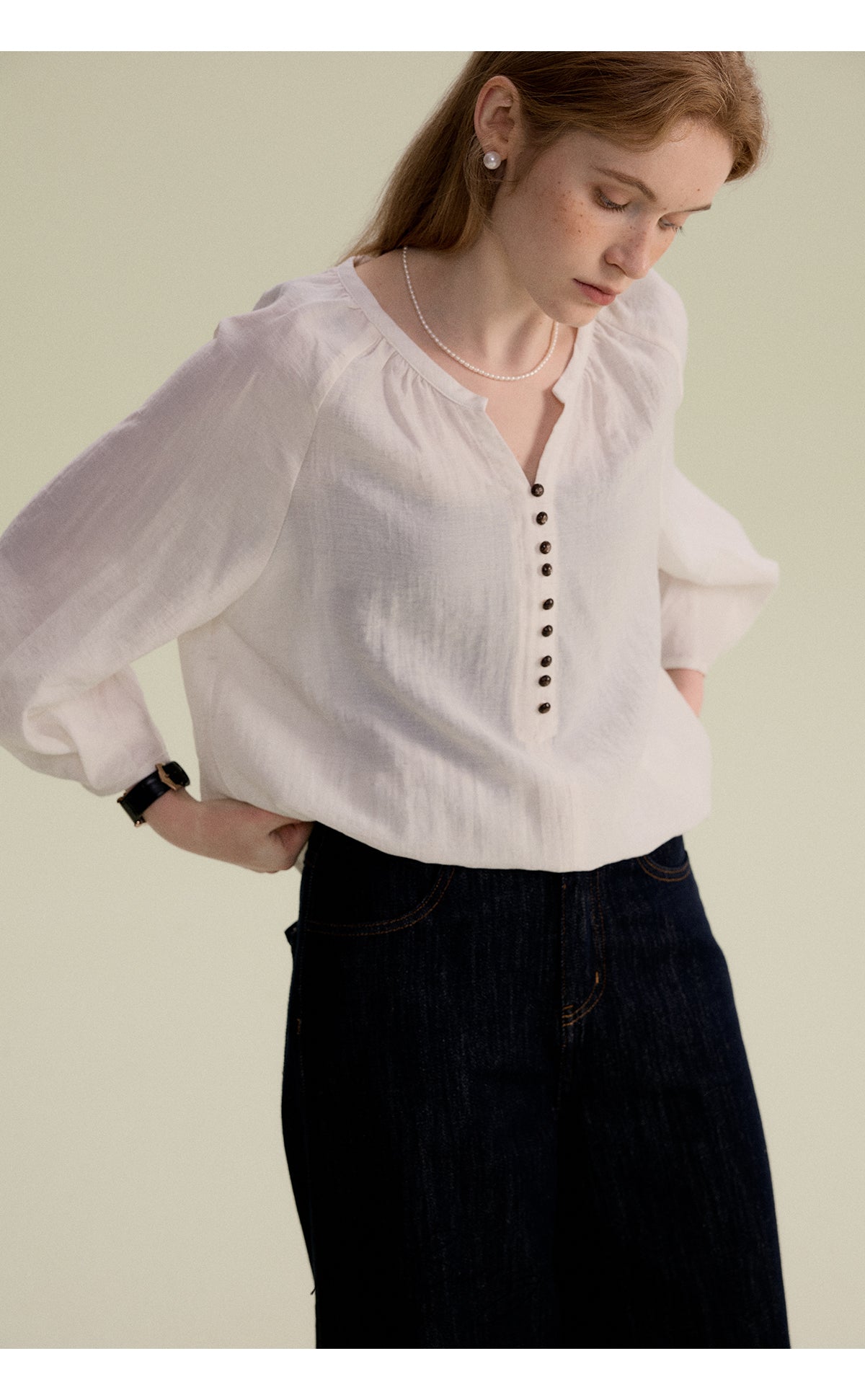3/4 Sleeve Gauze Blouse With Pleated Cuffs
