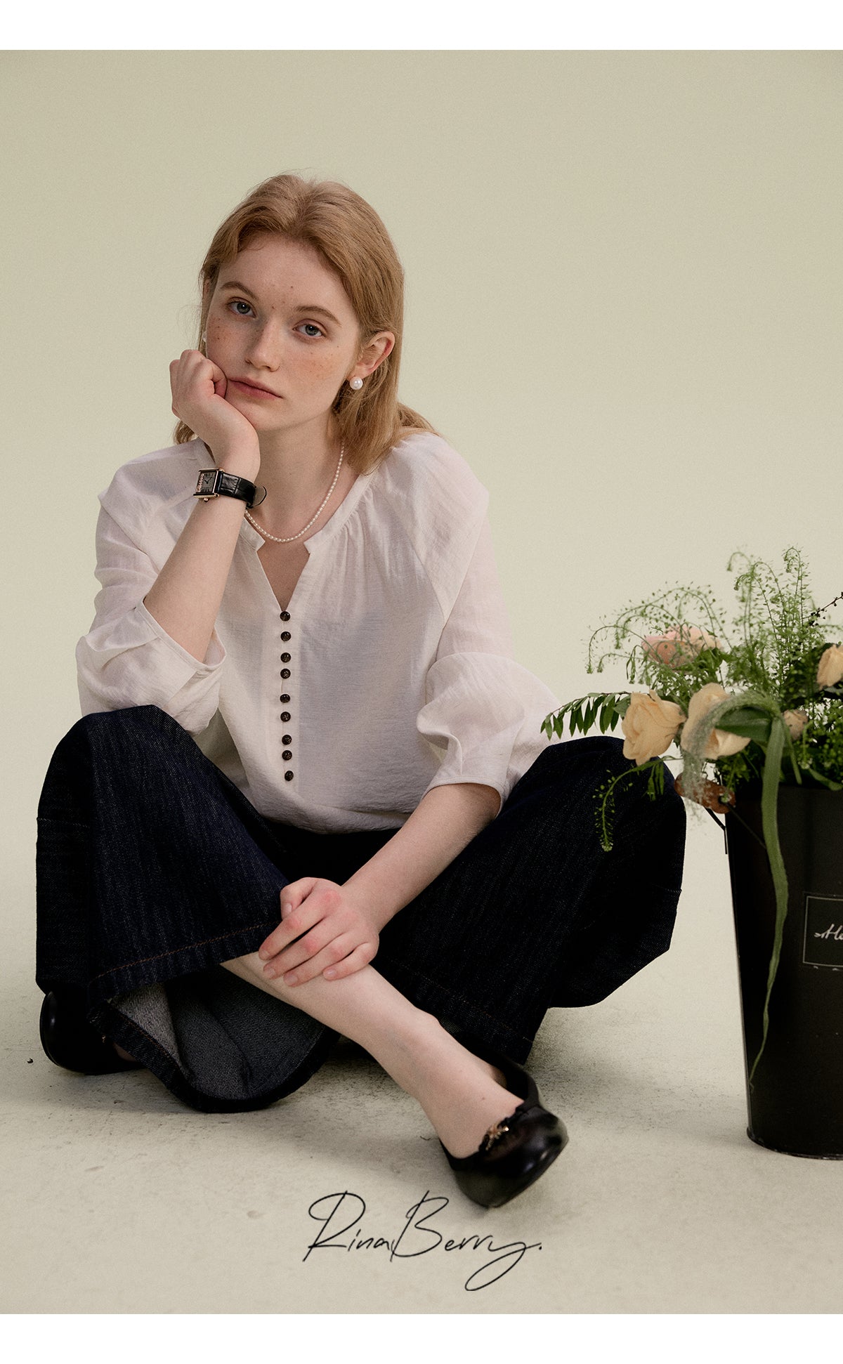 3/4 Sleeve Gauze Blouse With Pleated Cuffs