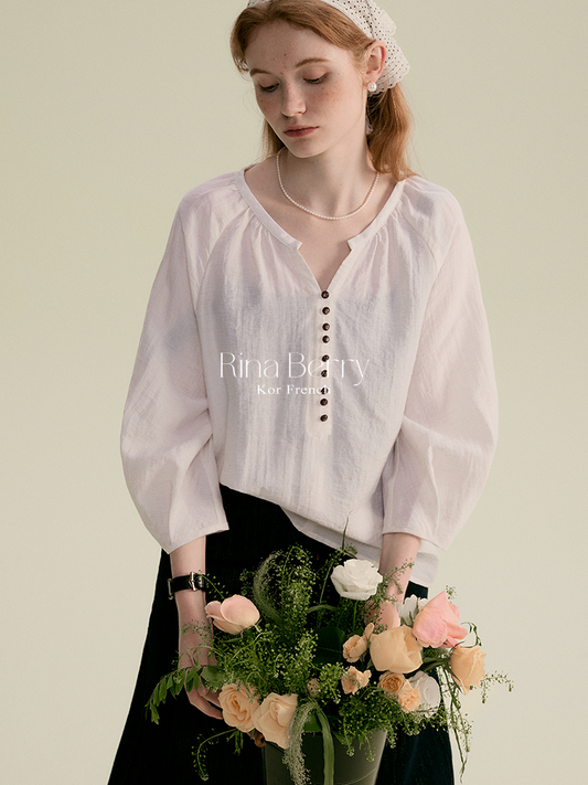 3/4 Sleeve Gauze Blouse With Pleated Cuffs