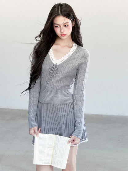 V-Neck Cable-Knit Top And Pleated A-Line Skirt