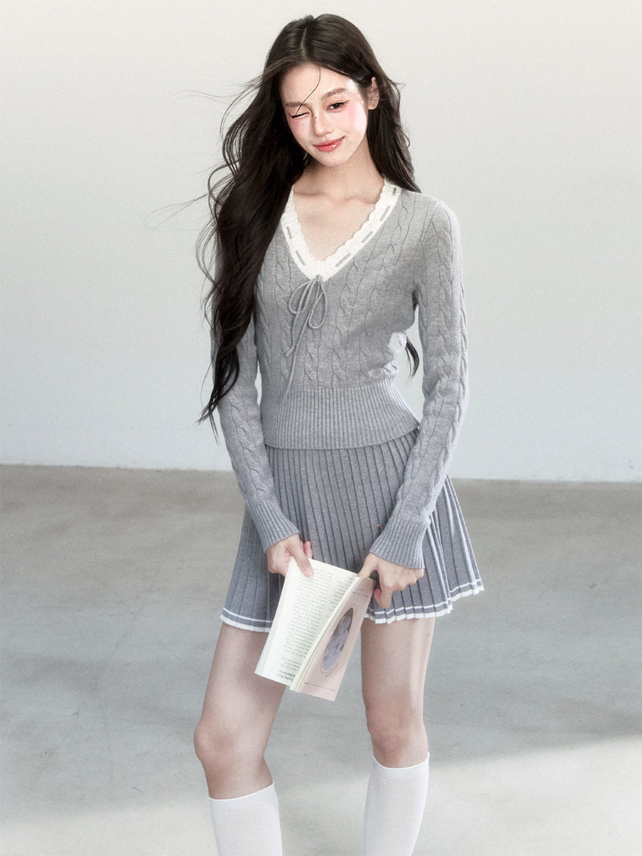 V-Neck Cable-Knit Top And Pleated A-Line Skirt