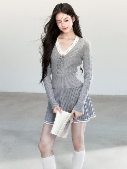 V-Neck Cable-Knit Top And Pleated A-Line Skirt