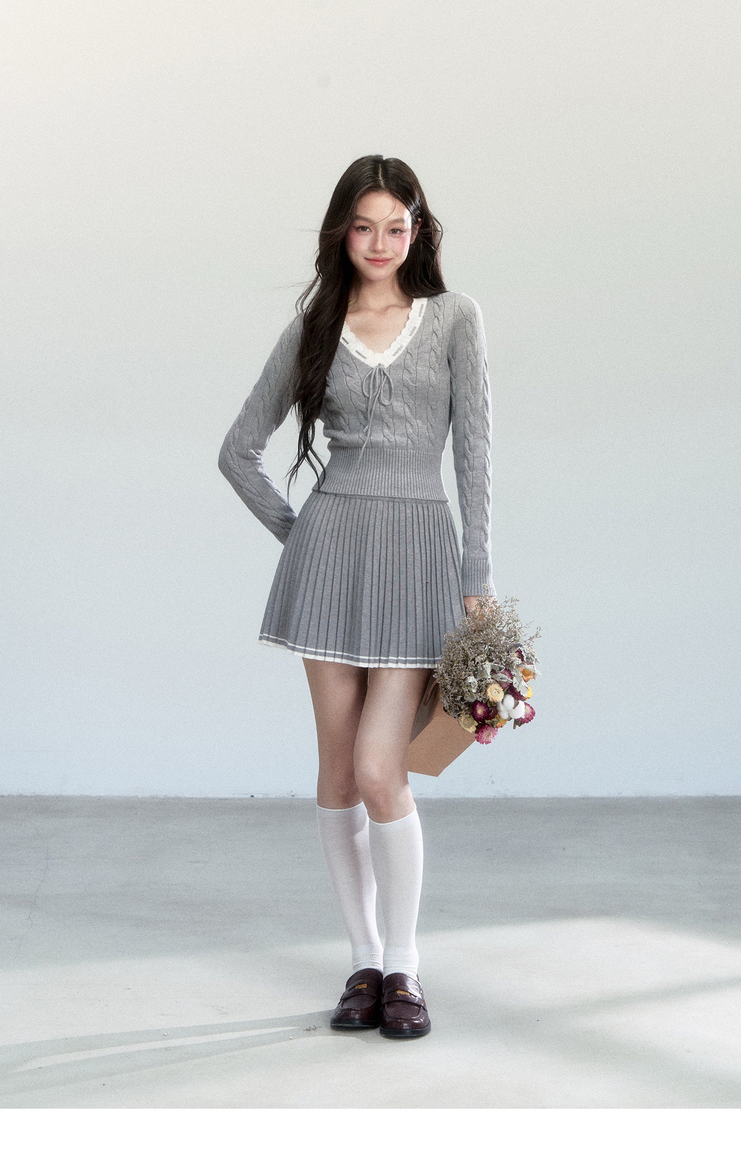 V-Neck Cable-Knit Top And Pleated A-Line Skirt