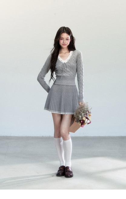 V-Neck Cable-Knit Top And Pleated A-Line Skirt
