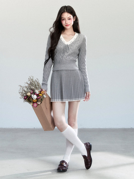 V-Neck Cable-Knit Top And Pleated A-Line Skirt