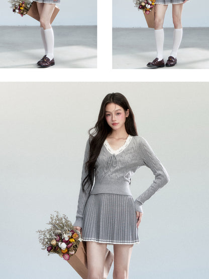V-Neck Cable-Knit Top And Pleated A-Line Skirt