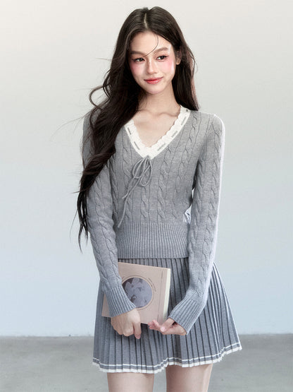 V-Neck Cable-Knit Top And Pleated A-Line Skirt