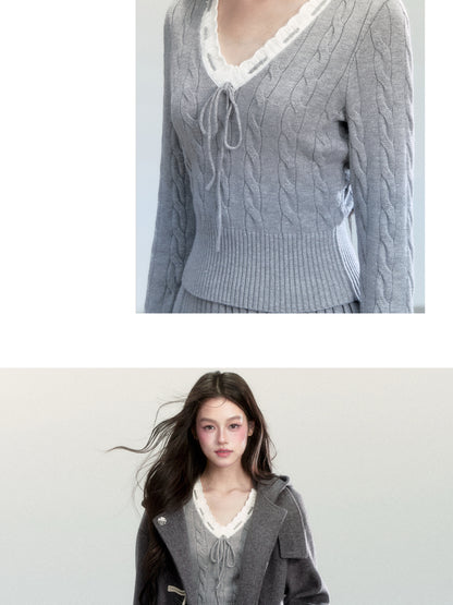 V-Neck Cable-Knit Top And Pleated A-Line Skirt