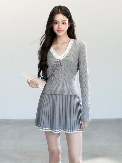 V-Neck Cable-Knit Top And Pleated A-Line Skirt
