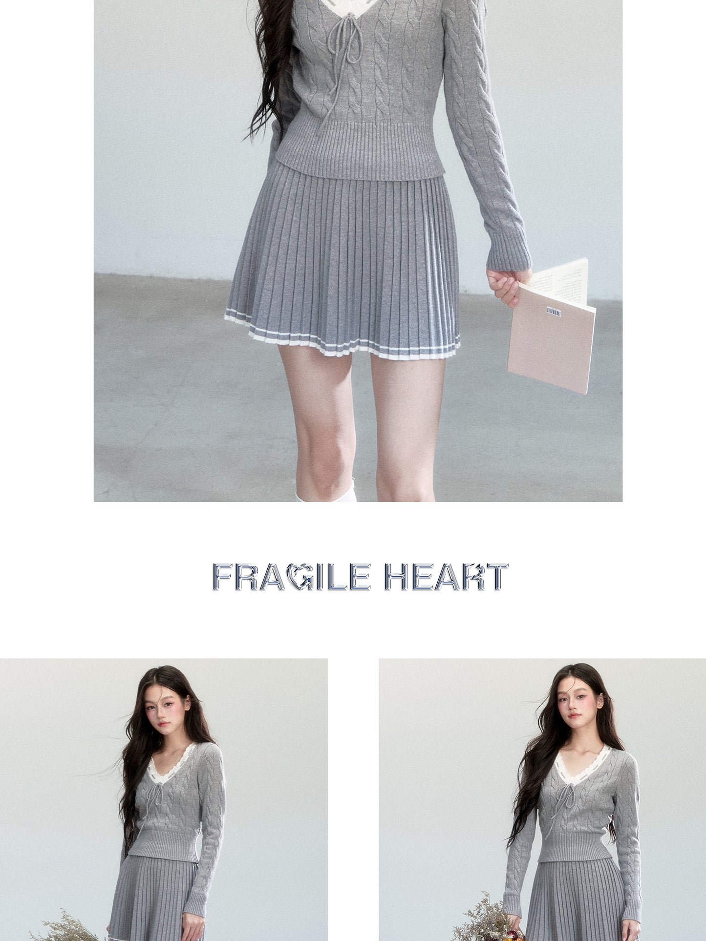V-Neck Cable-Knit Top And Pleated A-Line Skirt