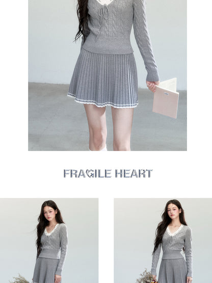 V-Neck Cable-Knit Top And Pleated A-Line Skirt