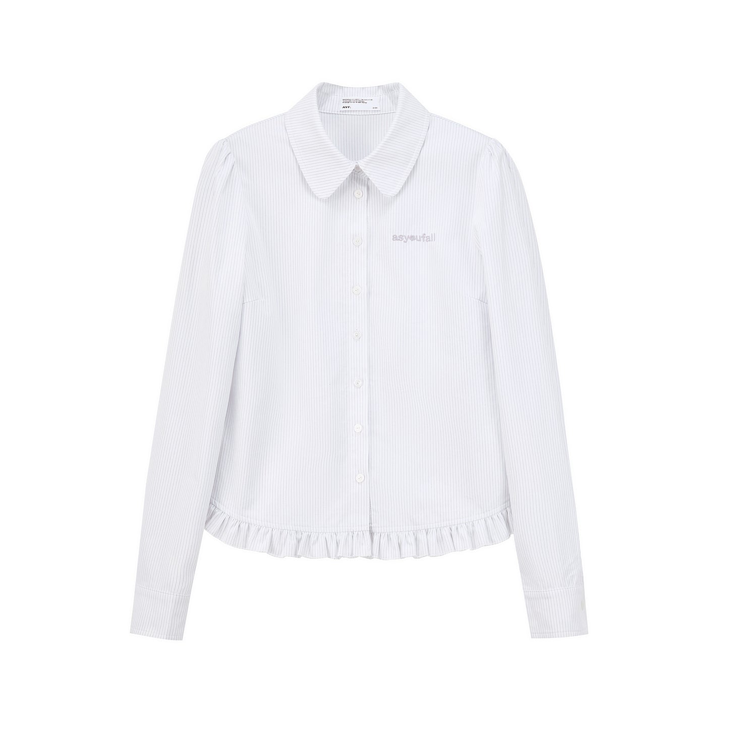 Round Collar Pinstriped Shirt With Ruffled Hem