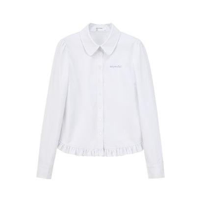 Round Collar Pinstriped Shirt With Ruffled Hem