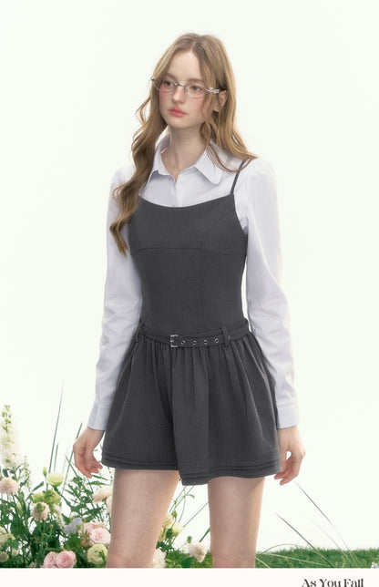 Round Collar Pinstriped Shirt With Ruffled Hem