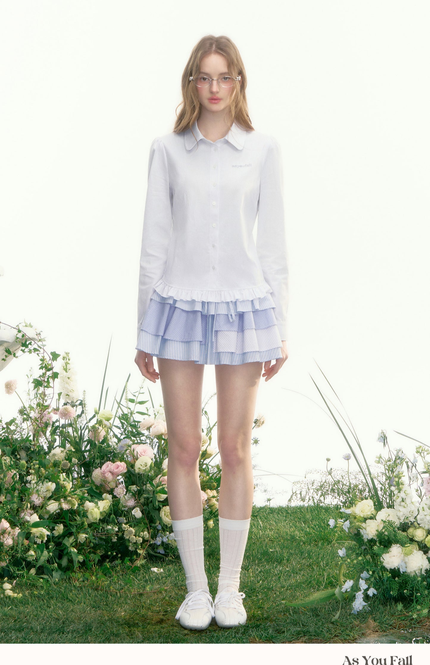 Round Collar Pinstriped Shirt With Ruffled Hem