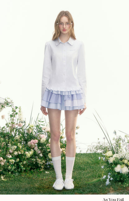Round Collar Pinstriped Shirt With Ruffled Hem