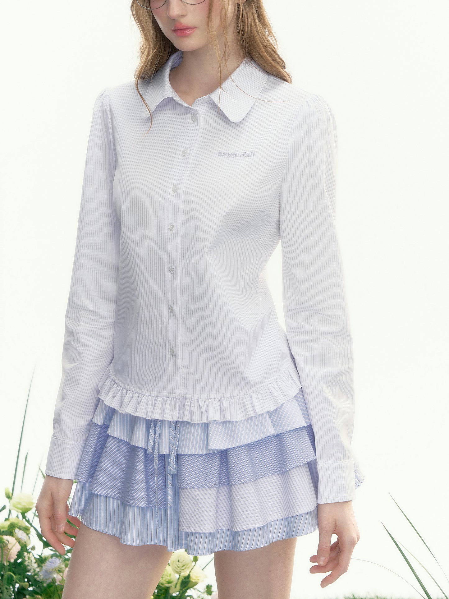 Round Collar Pinstriped Shirt With Ruffled Hem