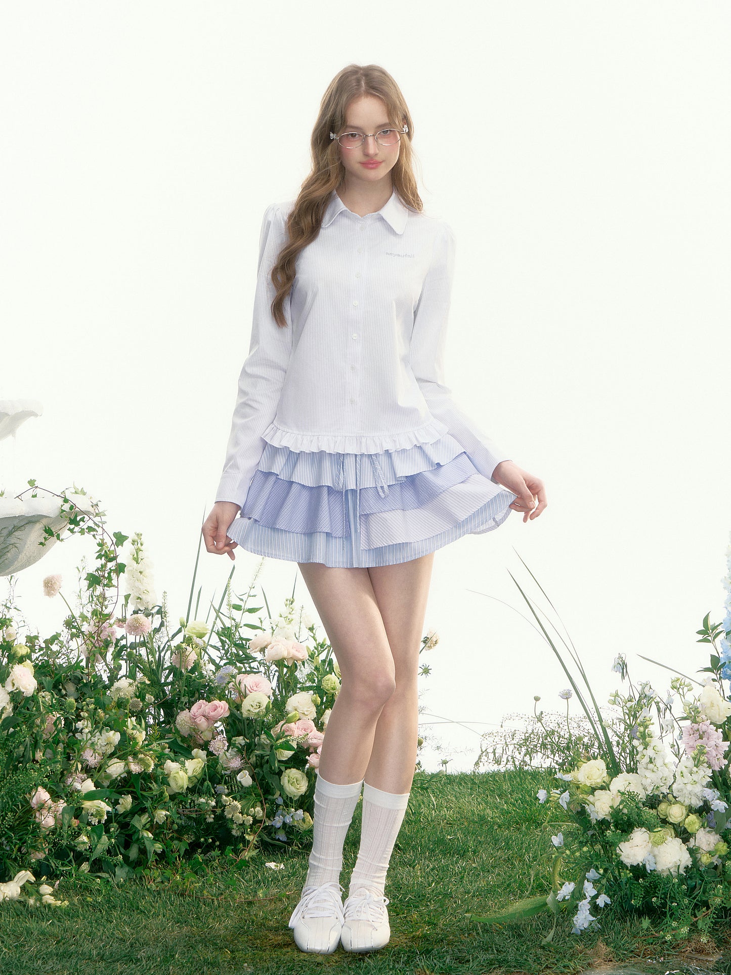 Round Collar Pinstriped Shirt With Ruffled Hem