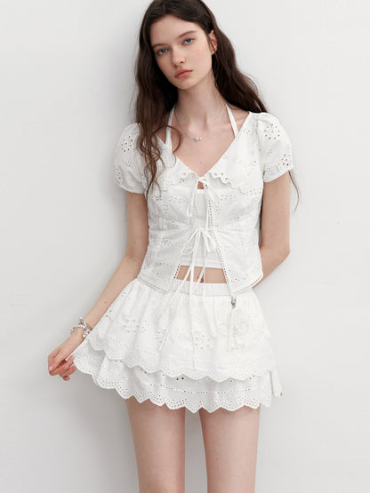 Cotton Eyelet Tie Front Blouse & Skort