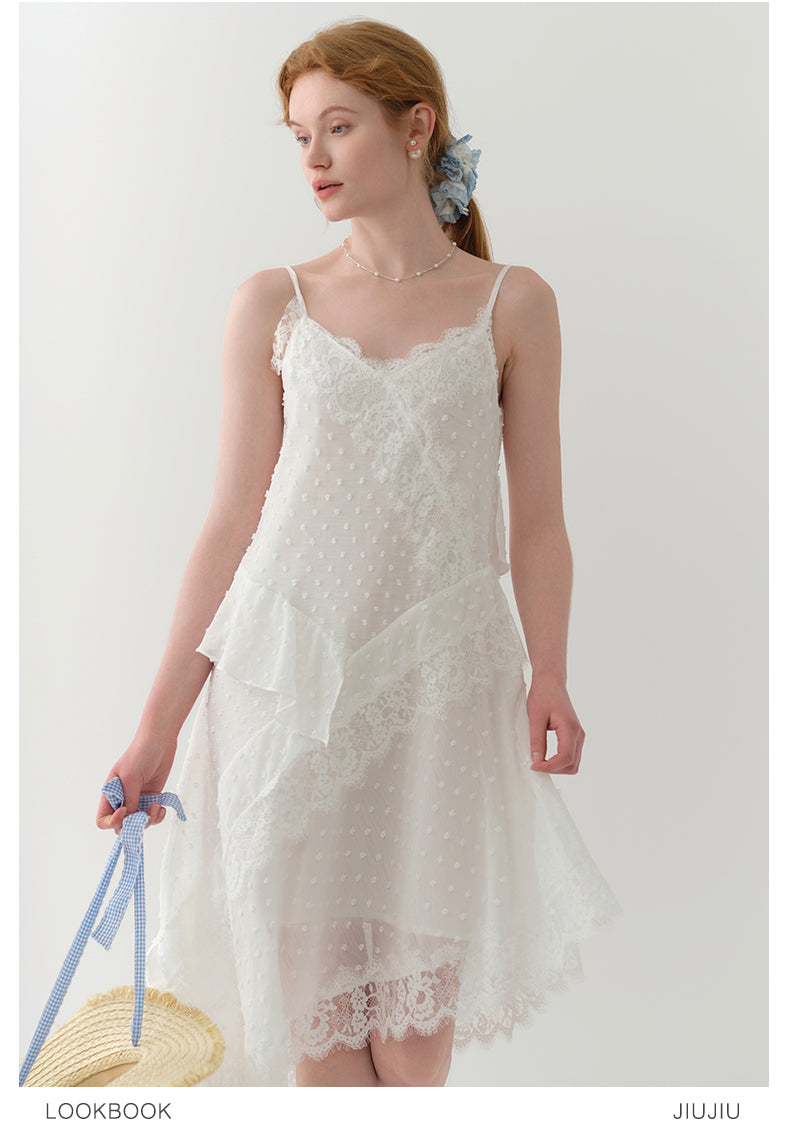 Dot-Textured Asymmetric Lace Cami Dress