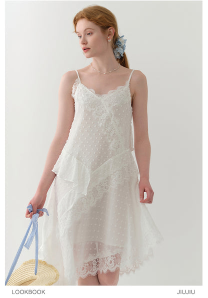 Dot-Textured Asymmetric Lace Cami Dress