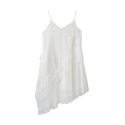 Dot-Textured Asymmetric Lace Cami Dress