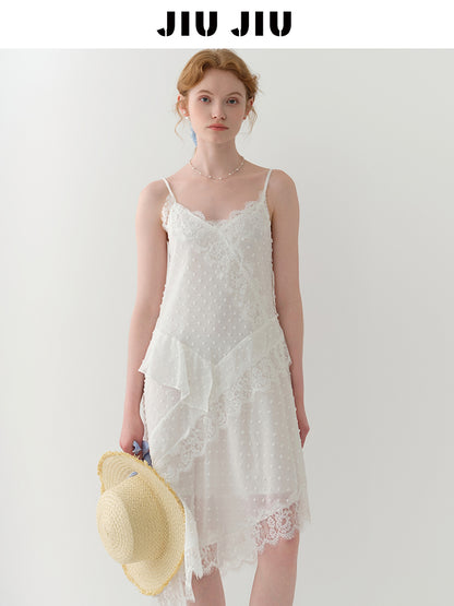 Dot-Textured Asymmetric Lace Cami Dress