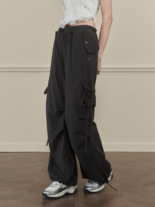 Wide-Leg Nylon Cargo Pants With Utility Pockets