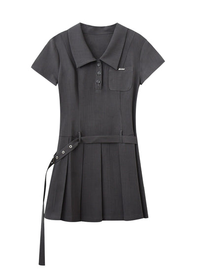Pleated Skirt Shirt Dress With Waist Belt