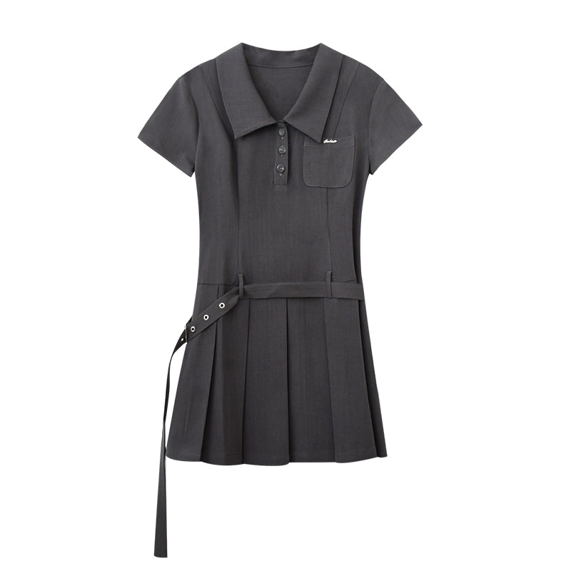 Pleated Skirt Shirt Dress With Waist Belt