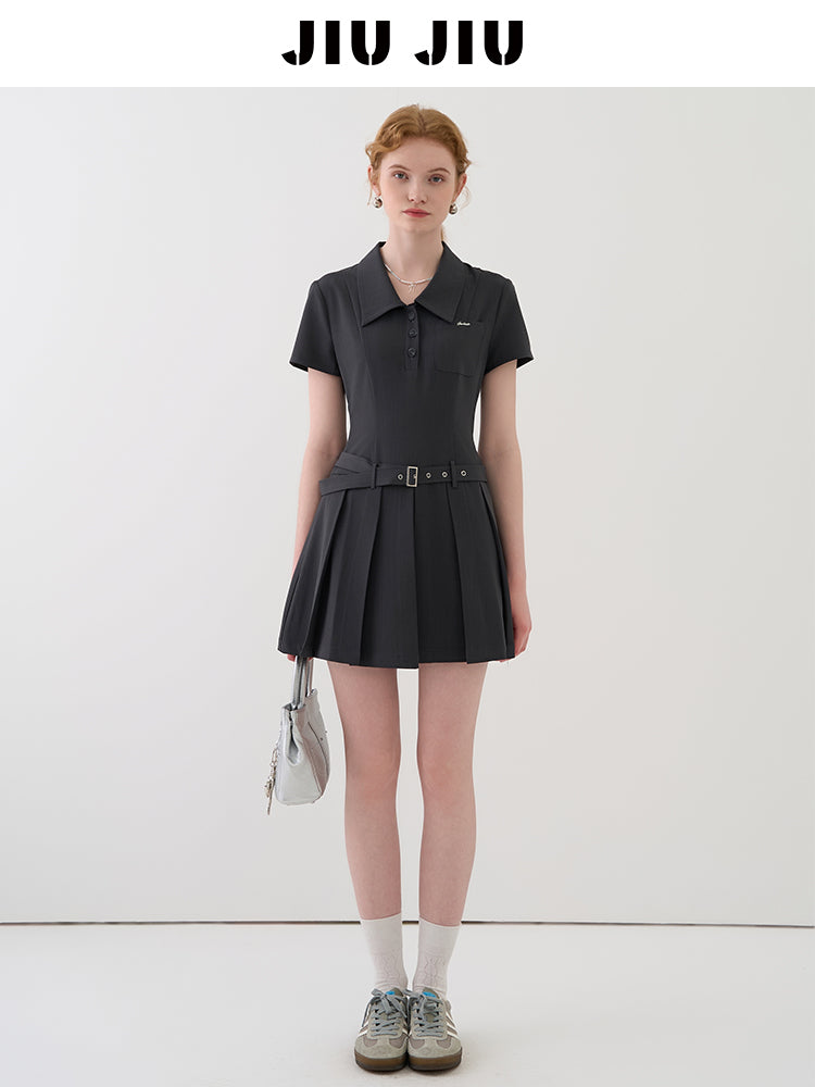 Pleated Skirt Shirt Dress With Waist Belt