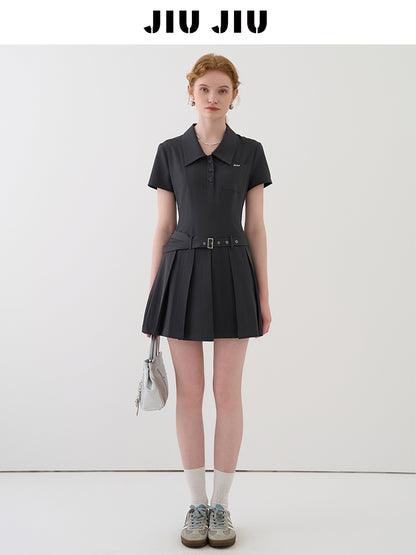 Pleated Skirt Shirt Dress With Waist Belt