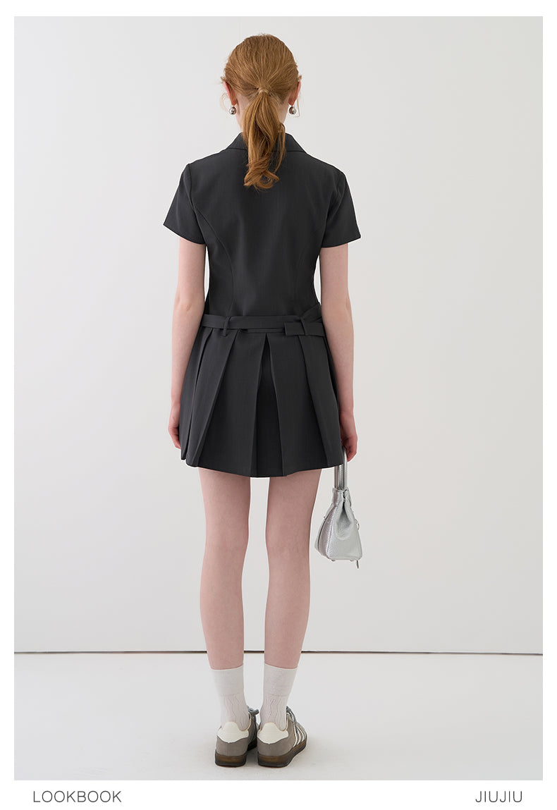 Pleated Skirt Shirt Dress With Waist Belt