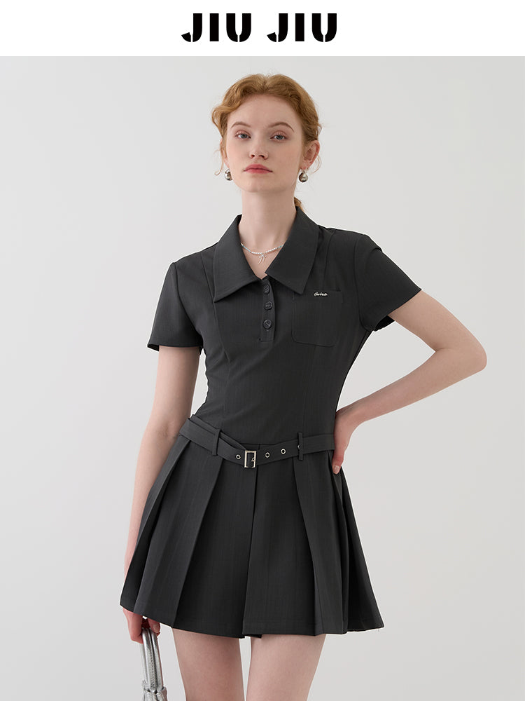 Pleated Skirt Shirt Dress With Waist Belt