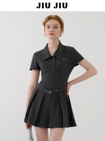 Pleated Skirt Shirt Dress With Waist Belt
