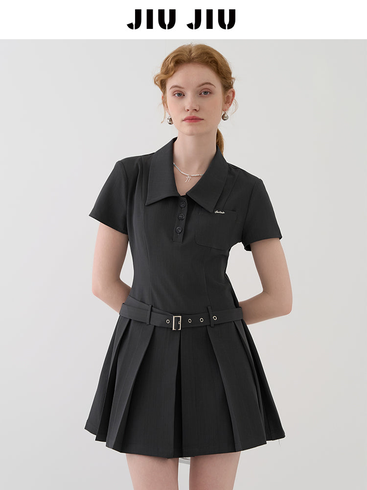 Pleated Skirt Shirt Dress With Waist Belt